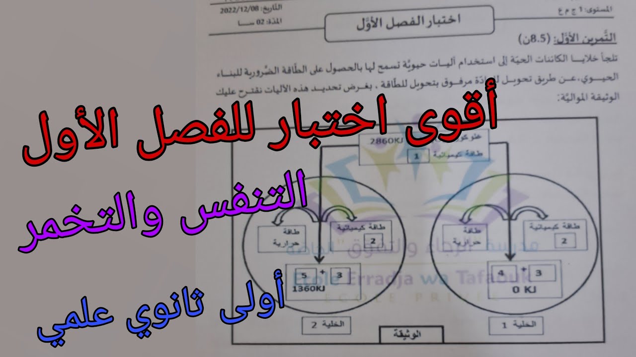 اختبار الفصل الأول في العلوم الطبيعية للسنة الأولى ثانوي علمي حول التنفس والتخمر