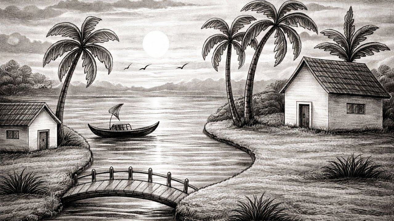 Easy Pencil Landscape Drawing | Village Scenery with House, Boat & Palm Trees