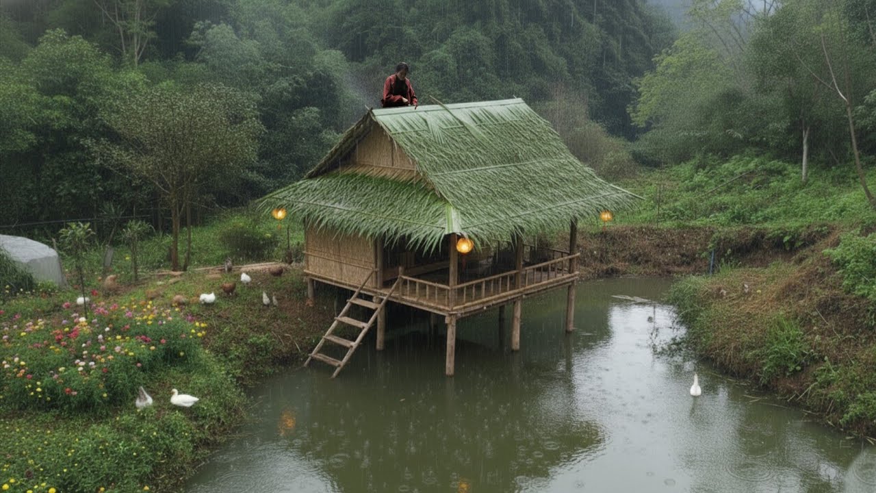 Ly Thu built a floating wooden house on the lake using only the most rudimentary tools.