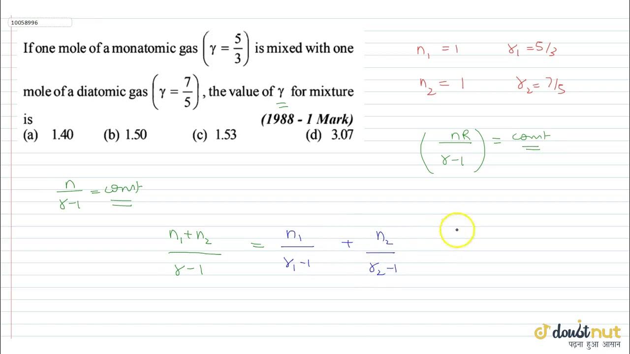 If one mole of a monatomic gas `(gamma=5/3)` is mixed with one mole of