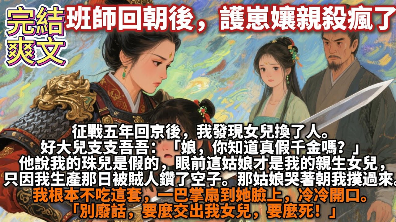 完結爽文：班師回朝後，護崽孃親殺瘋了。征戰五年回京後，我發現女兒換了人。 好大兒支支吾吾：「娘，你知道真假千金嗎？」 我根本不吃這套，一巴掌扇到她臉上，冷冷開口：「別廢話，要麼交出我女兒，要麼死！」