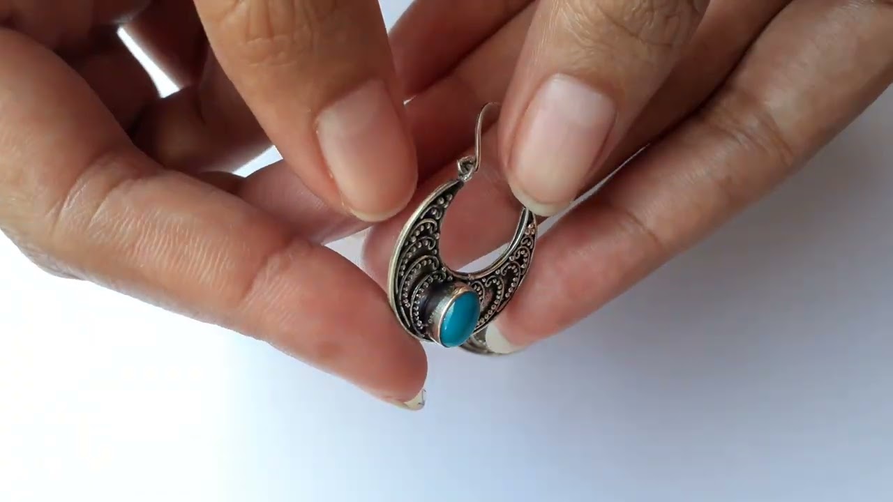 Sterling Silver, Bali Earrings, Turquoise Gemstone, Hoop, Huggie Earrings