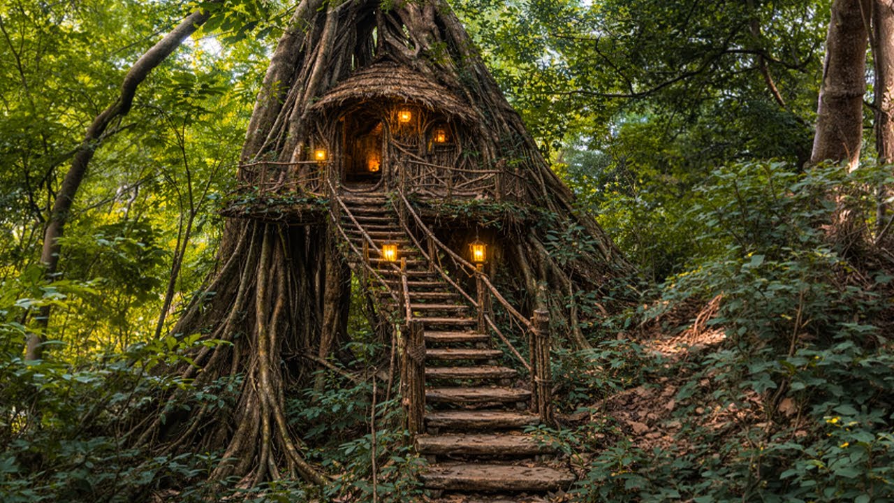 50 Days Building a Camping Shelter on a Giant Old Tree. Bushcraft Tree House