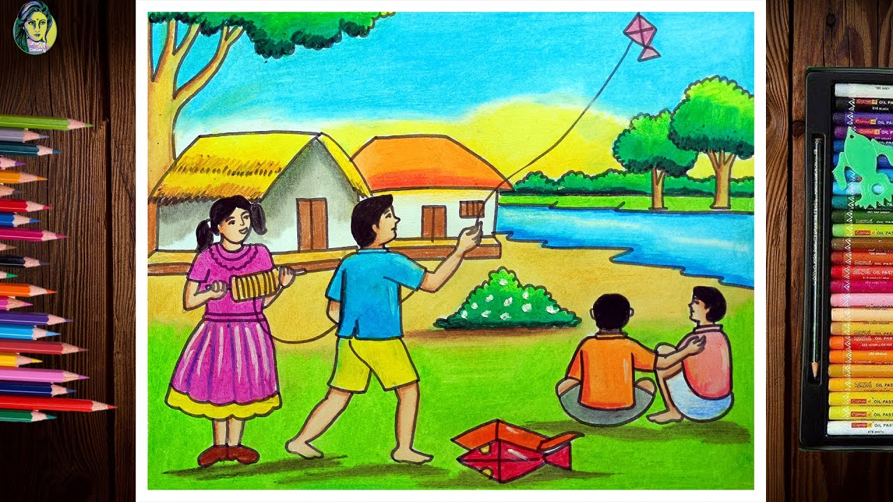 Легкий рисунок Макара Санкранти | Рисунок пейзажа с воздушными змеями масляной пастелью | Рисунок...