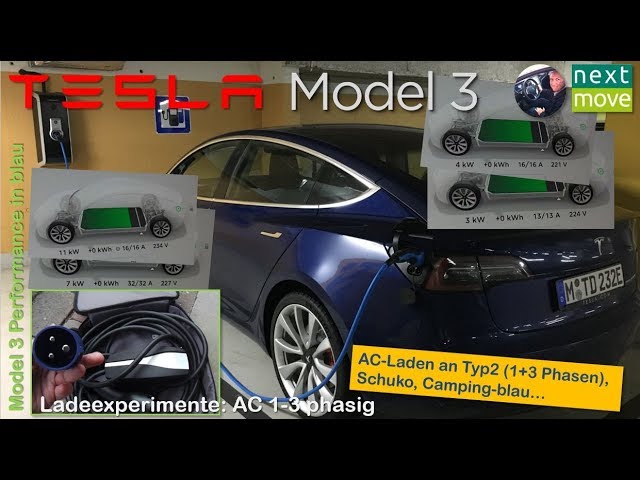 Tesla Model 3 an Wechselstrom aufladen (Typ2, Schuko, CEE
