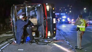 Party Bus Overturns on Highway 101, Injuring 29, Snarling Traffic for Hours
