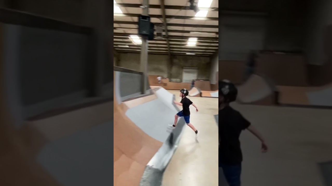 My son Joe with a huge drop in at Premises skatepark 😳