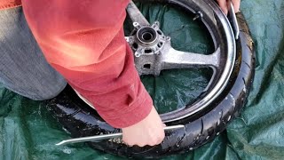 CHANGE MOTORCYCLE TIRE /FIX LEAK W WIRE WHEEL