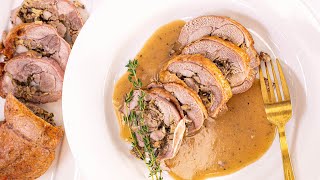 Turkey legs are stuffed with a thyme-infused wild mushroom filling
before being rolled up and roasted in this holiday recipe from chef
josh capon.