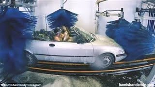 Blond Driver Enters Car Wash Tunnel with Convertible Mercedes with Soft Top Down Bad Day