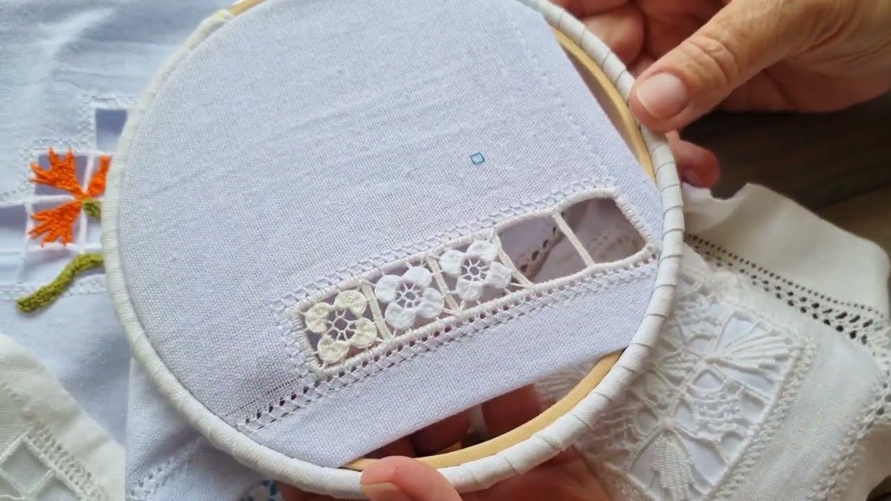 Bordando uma flor em BAINHA ABERTA em pano de prato com ponto bordado italiano - Reticello