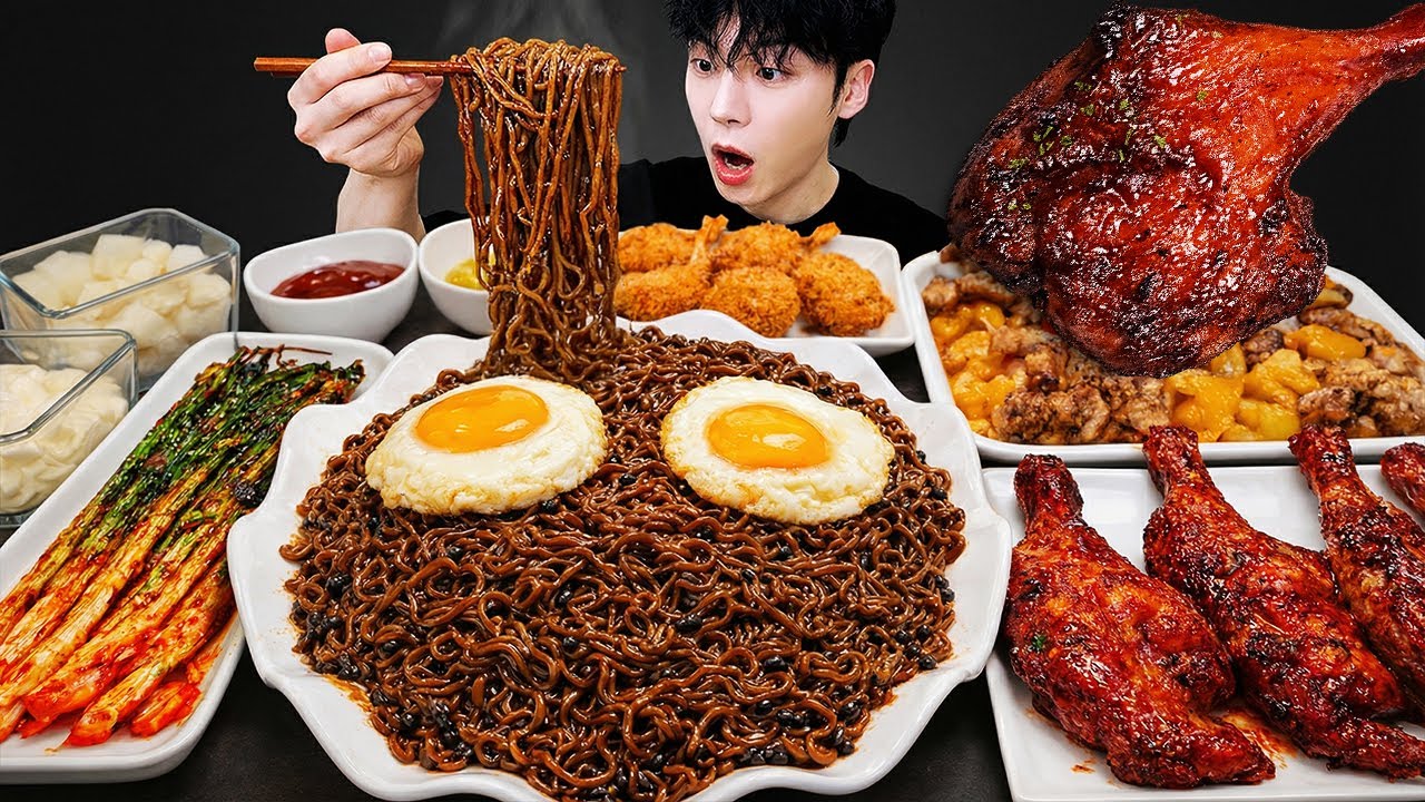 ASMR MUKBANG | Гигантские куриные голени-барбекю, лапша с черной фасолью мукбанг!