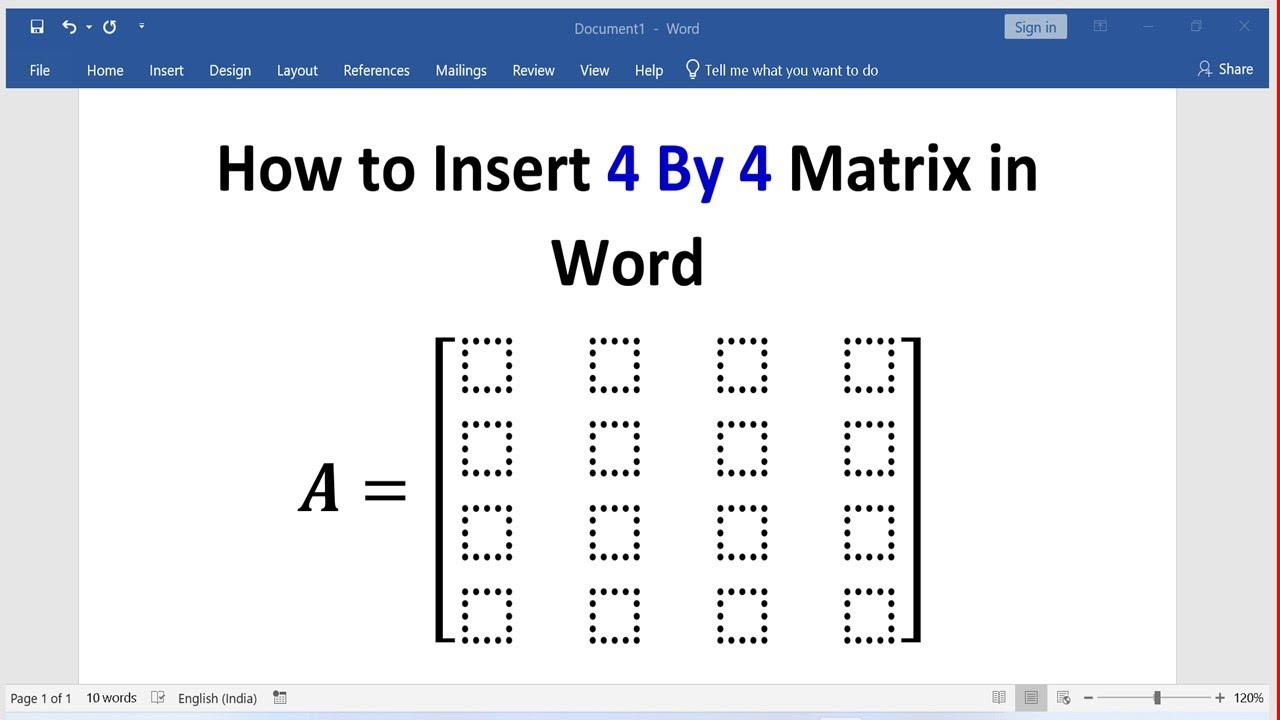 How To Insert 4 By 4 Matrix In Word