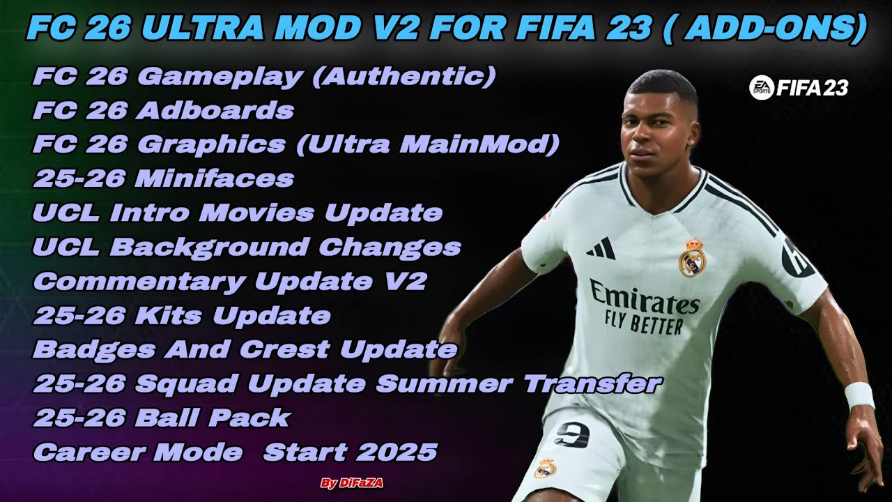 FIFA 23 | Ultra Mod V2 [All In One FC 26] Squad Update,Kits,Commentary Update & FC 26 Graphics