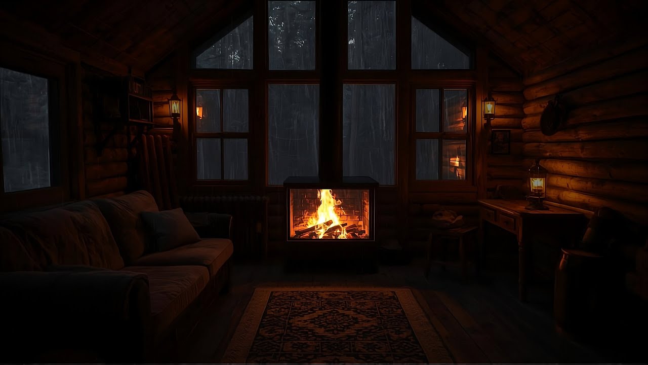 Fireplace & Rain Sounds in a Wooden Cabin | Night Ambience for Stress ...
