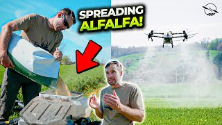 Agricultural Drone plants Alfalfa OVER existing crop