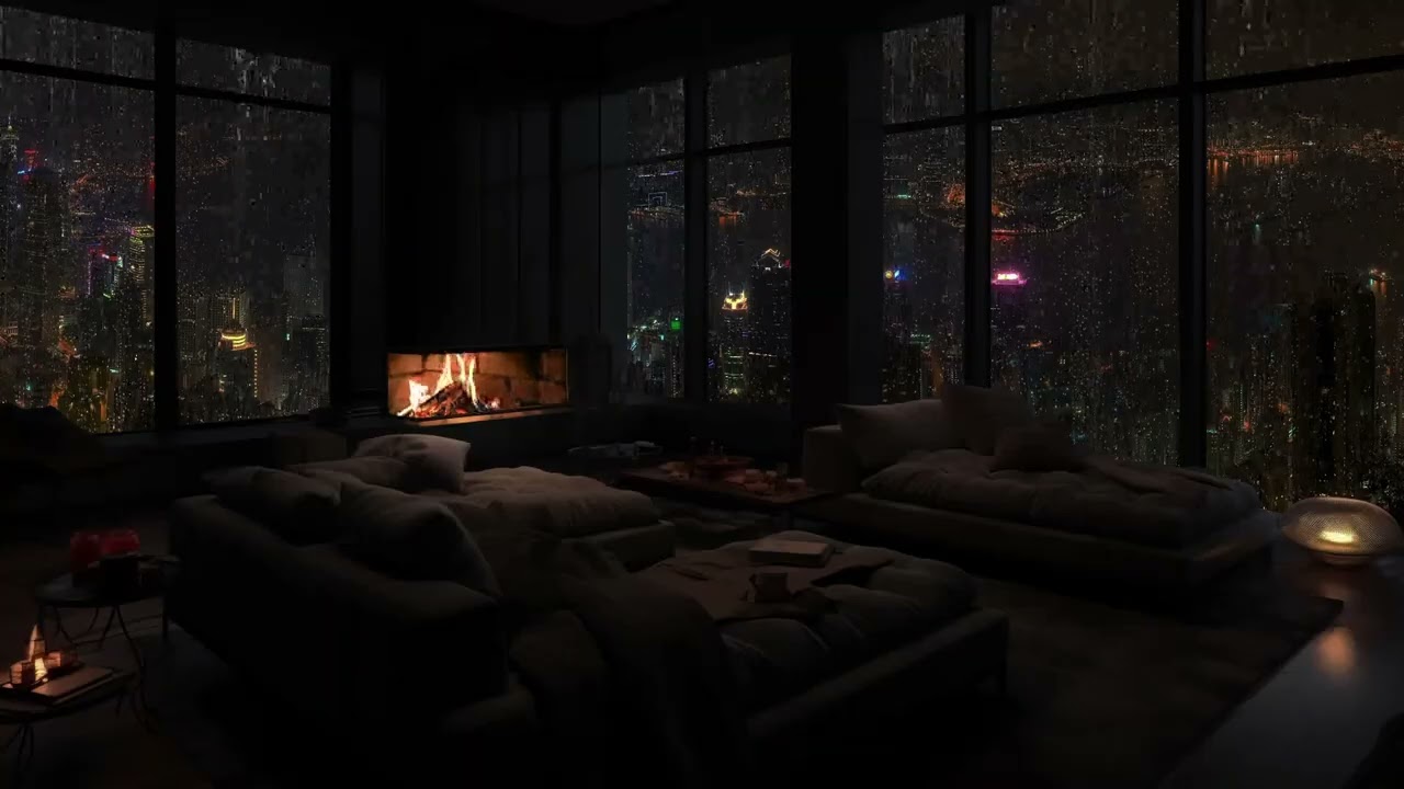 🌧️🔥 City Rain Sounds with Cozy Fireplace – Warm Night Ambience for Deep Sleep