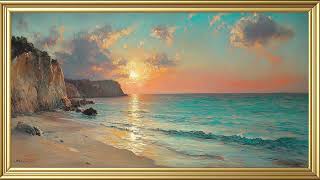 Rocky Cliff Sunset Beach Oil Painting | 4K Vintage Wallpaper Art Screensaver | Vintage Frames