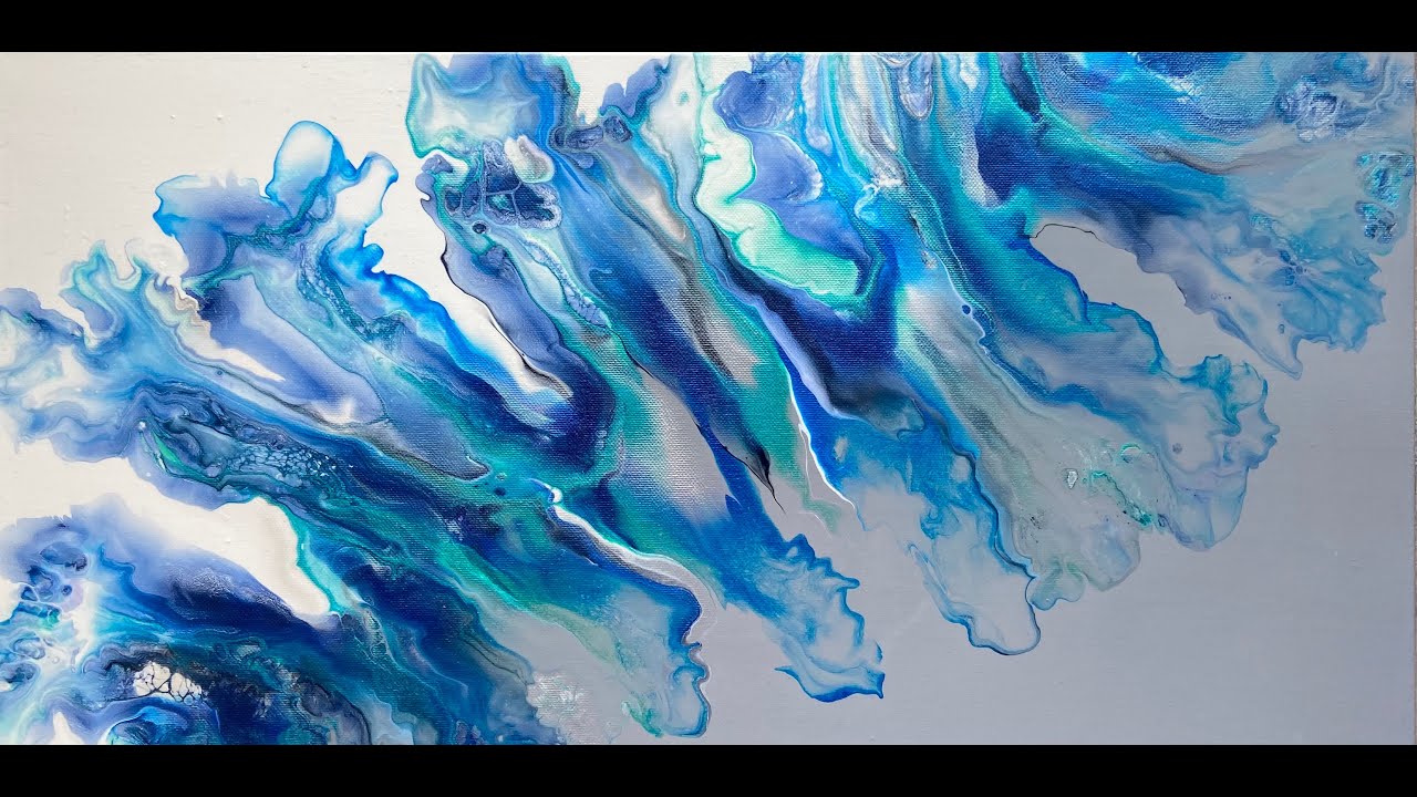 Beautiful Acrylic Dutch Pour Painting - White/Grey colour split with turquoise and blue.