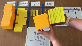 Subtraction within 10,000 with base 10 blocks, on a place value chart, & standard algorithm (part 1)
