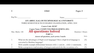 K T U (APJAKTU)EE207 Computer Programming solved question paper April 2018 same as EST 102