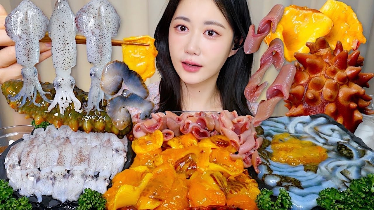 호래기,해삼,멍게,개불🌸모둠해산물 한상💕 Raw Baby Octopus, Sea Cucumber, Sea Pineapple ヒイカ ホヤ ユムシ ナマコ | Mukbang ASMR