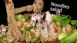 Spicy Thai Noodles Salad with squid Raw veggies mukbang ASMR