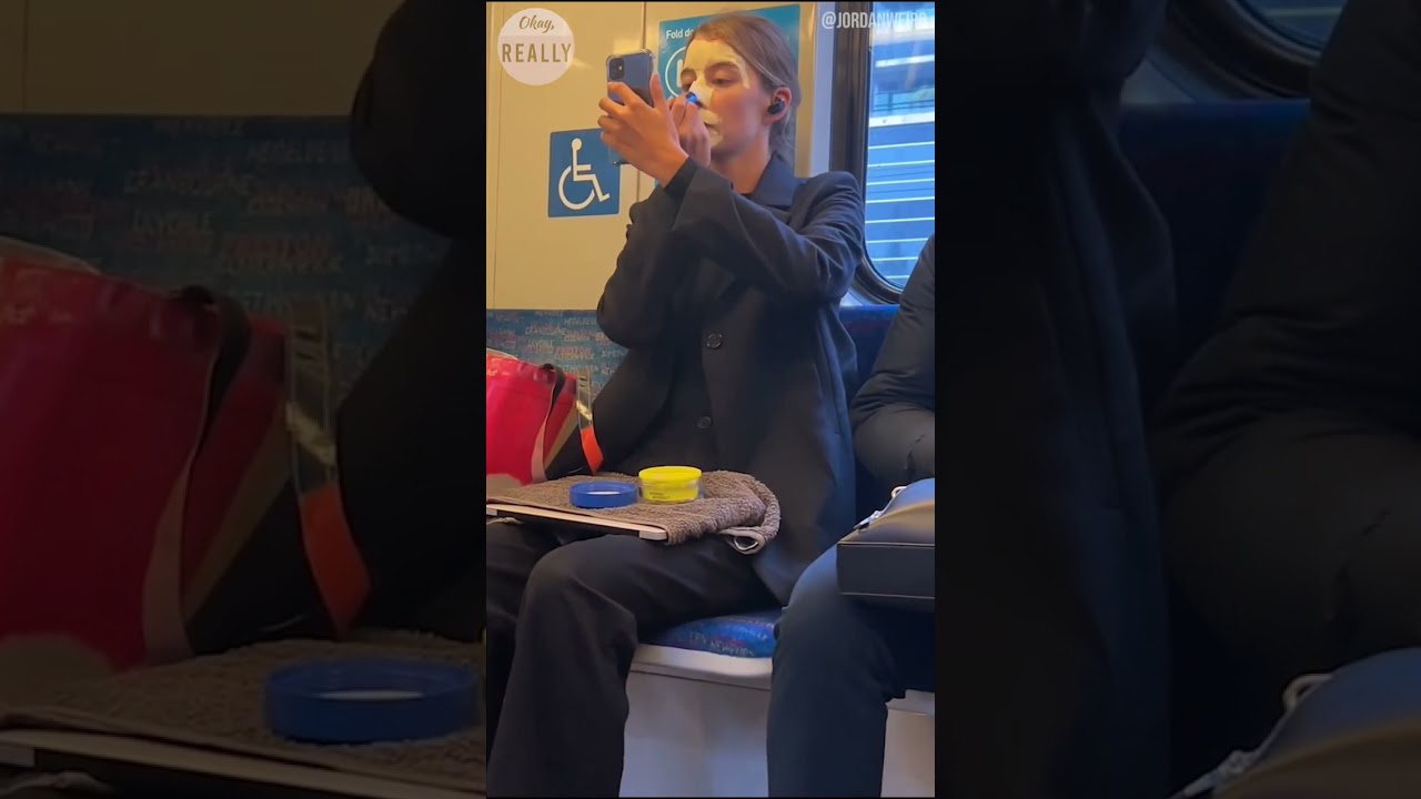 Busy commuter applies a skincare face mask