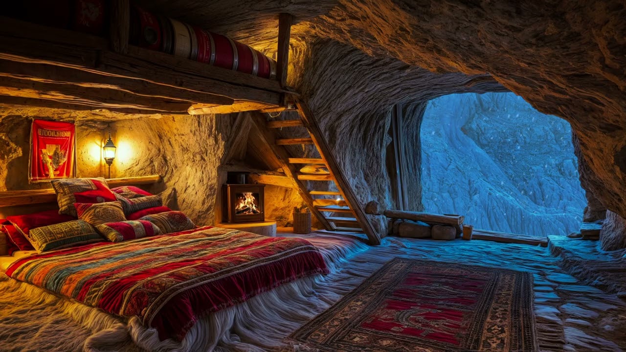 ❄️ Snowstorm Outside, Firelight Inside • Snug Cave Ambience for Meditation, Reading & Sleep 🔥