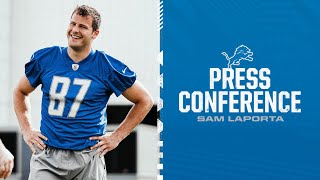 Sam LaPorta speaks to the media during rookie minicamp