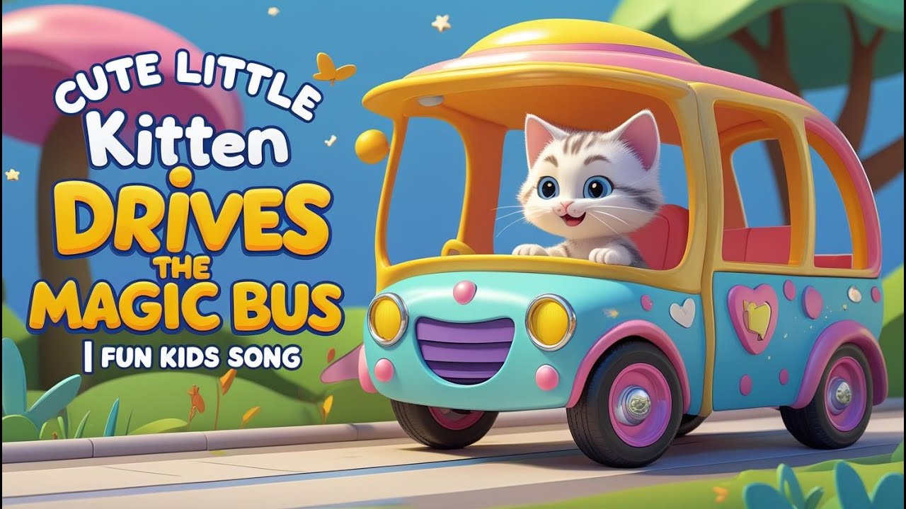 Cute Little Kitten Drives the Magic Bus  | Fun Kids Song & Nursery Rhyme | 