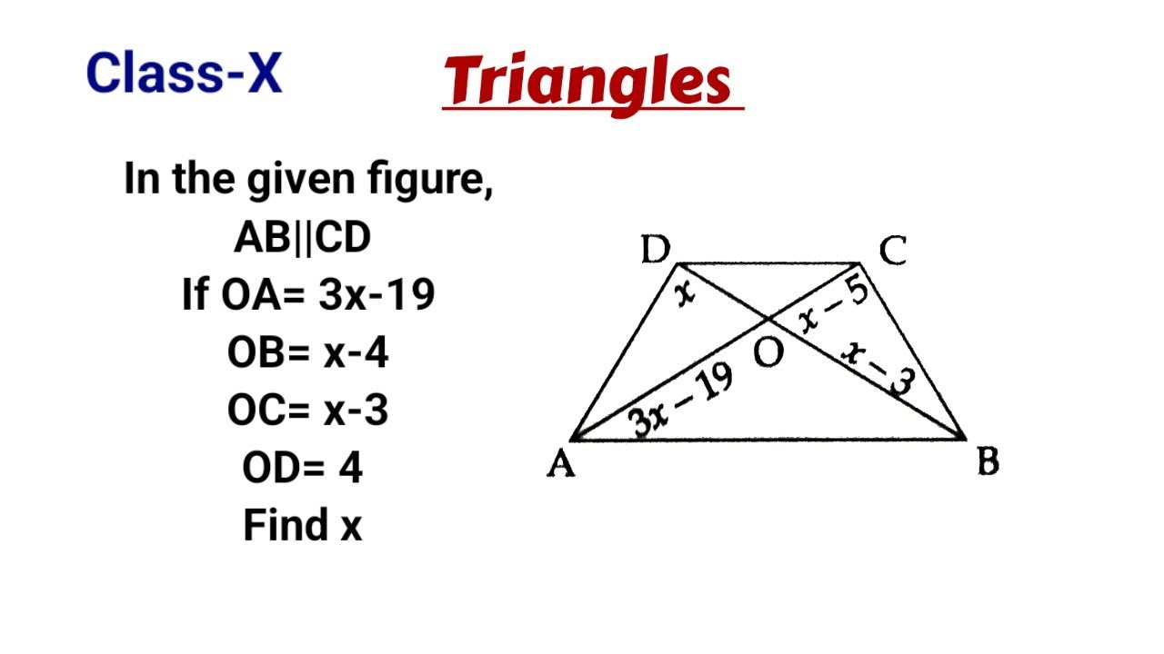 In the given fig., AB||CD, If OA=3x-19, OB=x-4, OC=x-3, OD=4. Find x ...