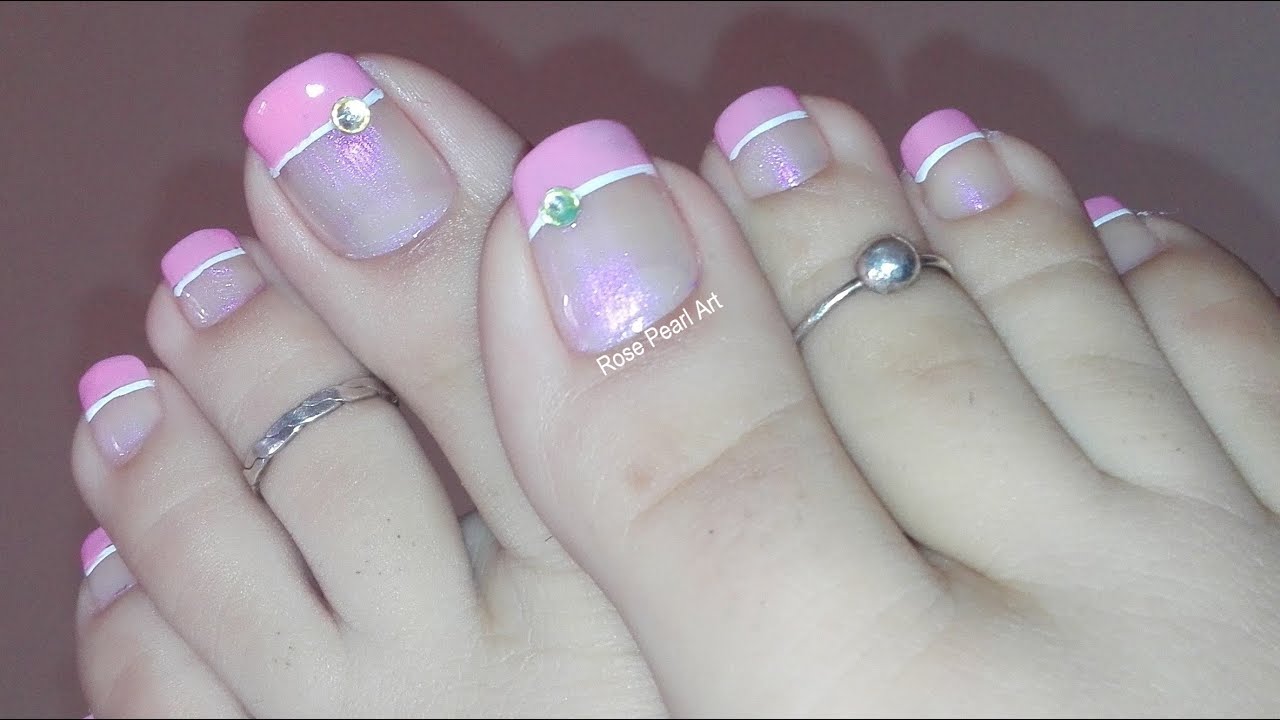 Pretty Pink French Pedicure with a Bling- Toe Nail Art Tutorial | Rose  Pearl - YouTube