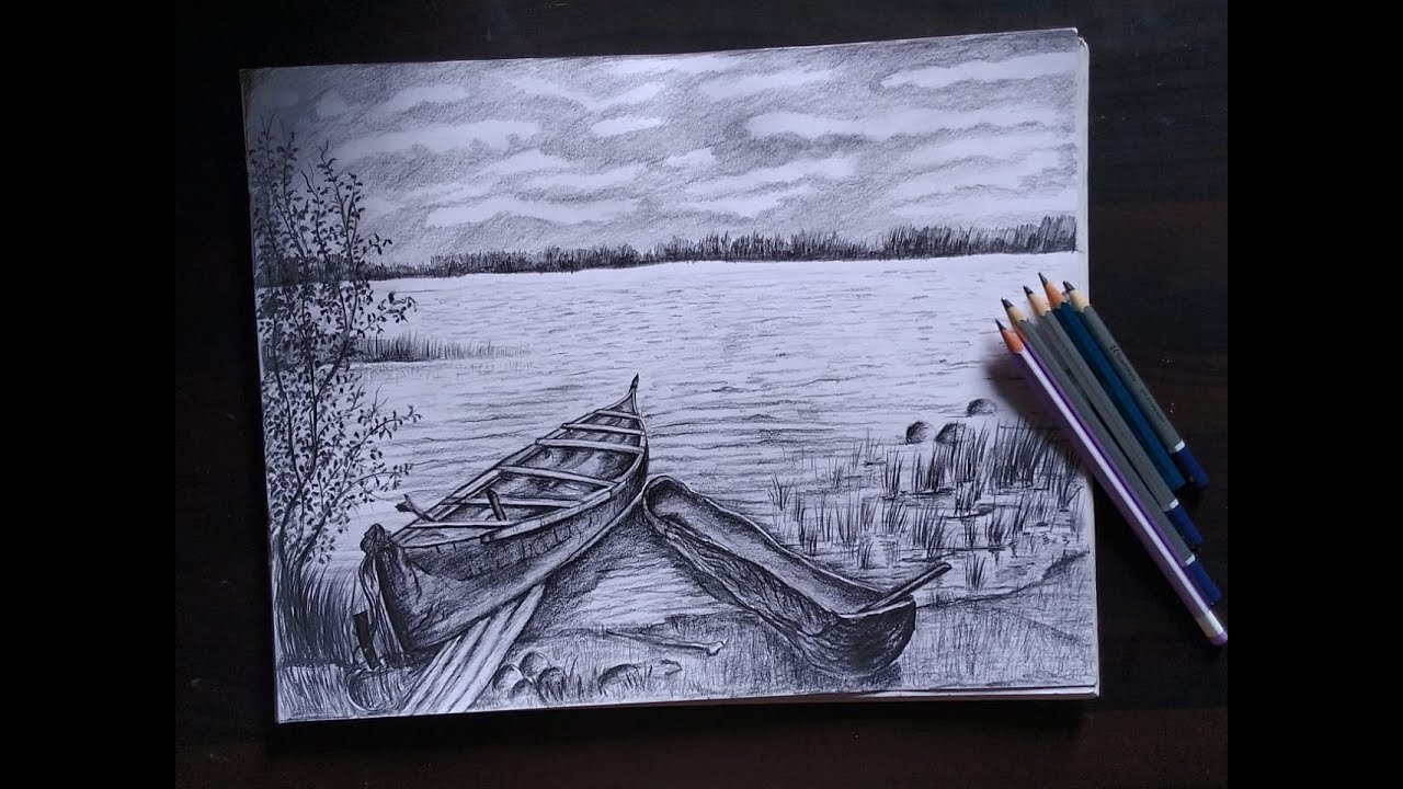 How to draw Sunset with pencil Pahar and River Side scenery drawing   YouTube  Nature art drawings Landscape pencil drawings Drawing sunset