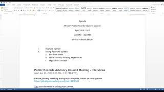 April 29, 2020 Public Records Advisory Council Meeting