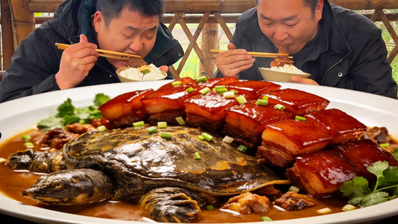 5斤重甲魚，二弟做“五花肉燒甲魚”，香辣入味拌米飯吃過癮【鐵鍋視頻】