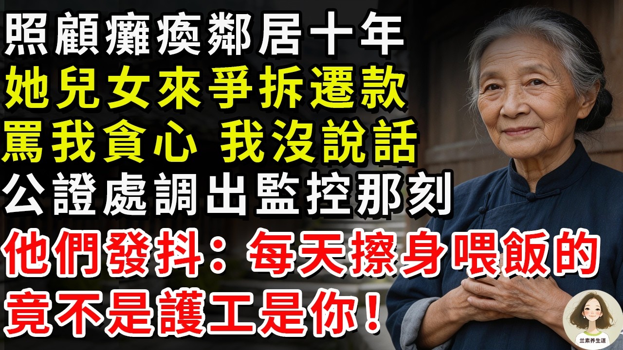 照顧癱瘓鄰居十年，她兒女來爭拆遷款罵我貪心，我沒說話。公證處調出監控那刻他們發抖：每天擦身喂飯的竟不是護工是你！#兰素养生道#康養人生道#上了年紀該明白的事 #養老 #聰明老人 #長壽秘密 #延壽
