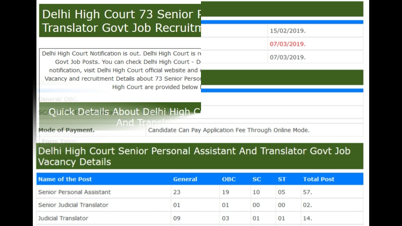 Delhi High Court 73 Senior Personal Assistant And Translator Govt Job