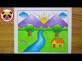 Scenery Drawing / Simple Landscape Scenery Drawing / How to Draw Landscape Very Easy Steps