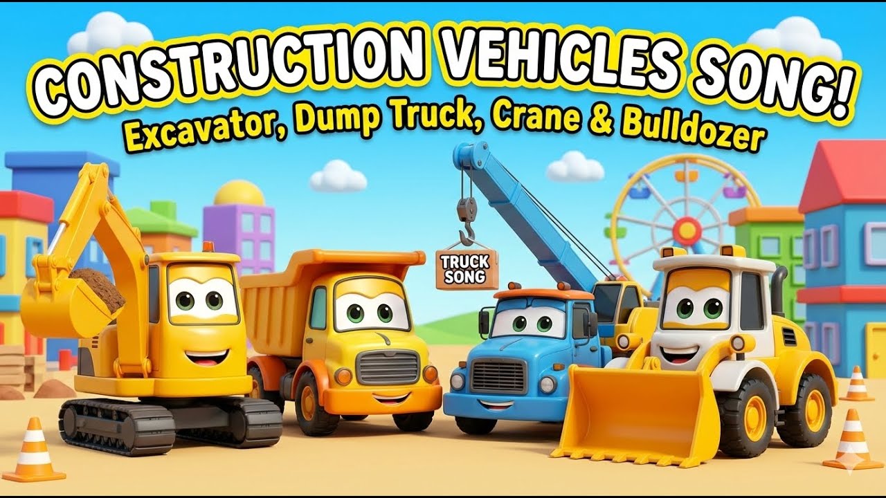 Construction Vehicles Song for Kids 🚜 Excavator, Dump Truck, Crane & Bulldozer