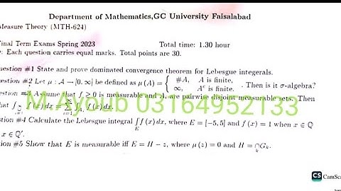 MTH624 Measure Theory past pepar solution BS Math 8th semester Main campus GCUF
