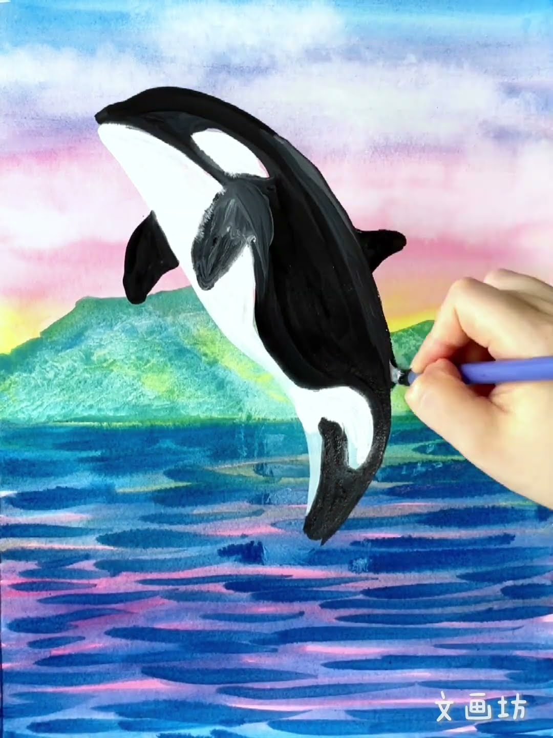 水彩/夕日をバックにジャンプするシャチの描き方#art #painting