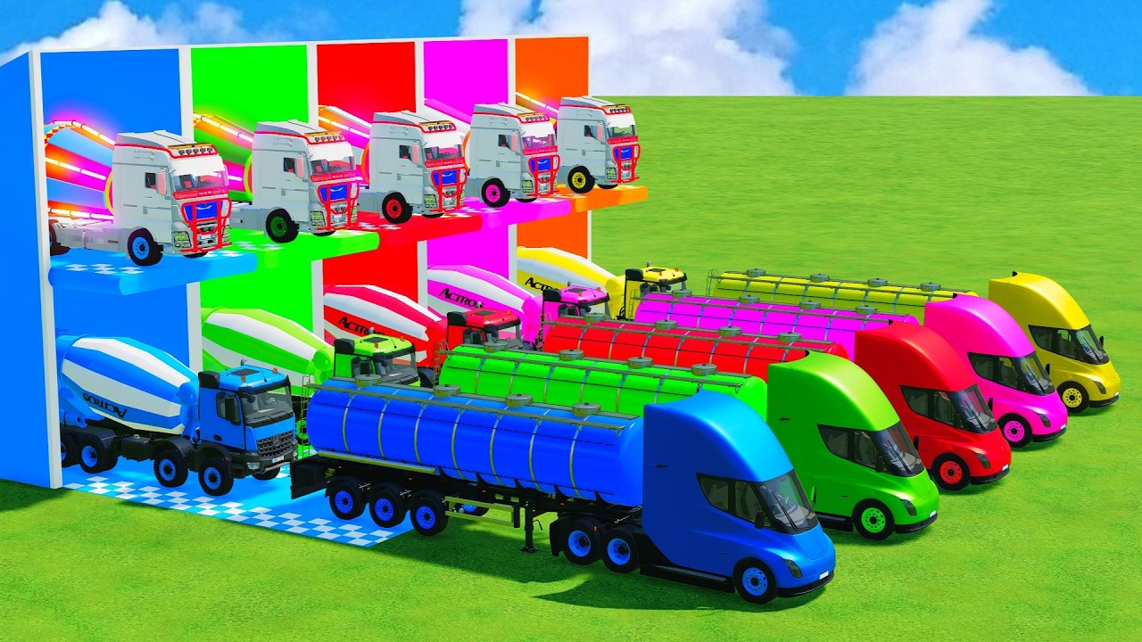 Garage with Colors - ALL MIXER TRUCK WITH DOUBLE FLATBED TRAILER TRUCK, MAN, PETERBILT, VOLVO - FS22