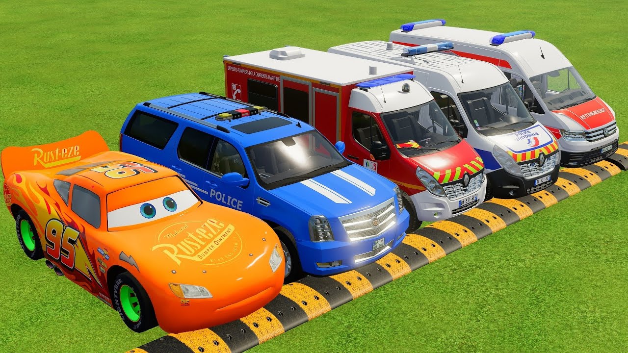 DACIA, MCQUEEN CAR, FORD POLICE CARS, AMBULANCE EMERGENCY TRANSPORTING WITH TRUCKS ! FS22 0202