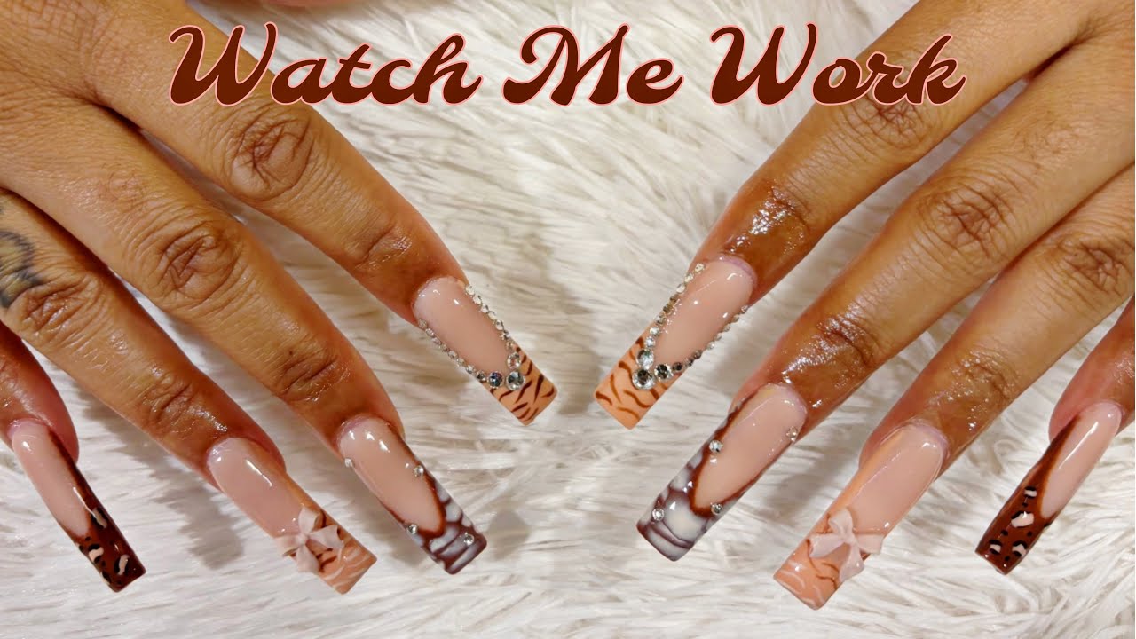 Watch Me Work | XL Brown Animal Print Nails w/Bling & Charms | Madam Glam Gel Polishes Review
