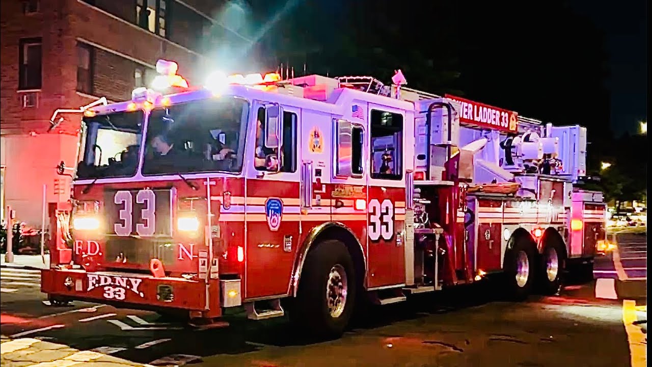 FDNY TOWER LADDER 33 RESPONDING ON THE GRAND CONCOURSE IN BEDFORD PARK ...