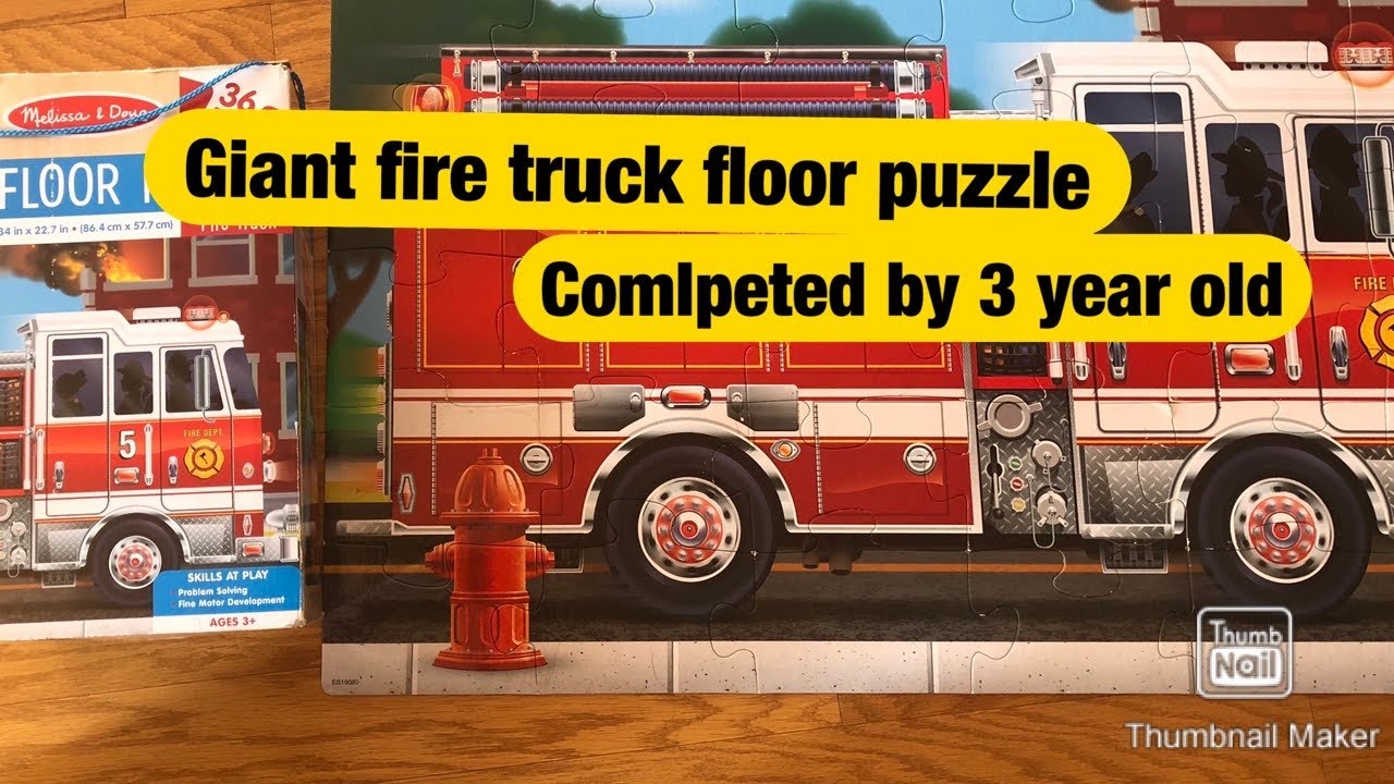Giant fire truck floor puzzle done by three year old || indoor