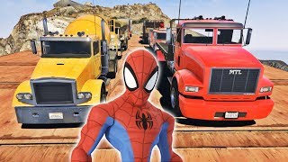 HOMEM ARANHA HULK E BATMAN E CAMINHÕES NA RAMPA! FIRE TRUCK, DUMP TRUCK, CAMINHÕES COM SPIDERMAN!