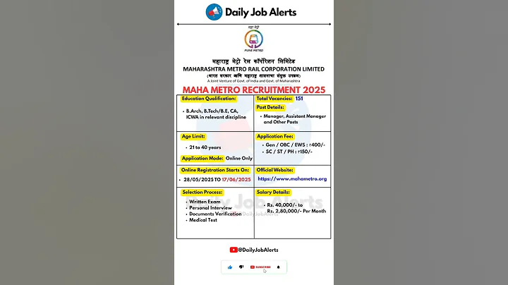 Maharashtra Metro Rail Recruitment 2025 | New Vacancy 2025 | Daily Job Alerts #shorts