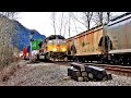 Cp heritage sd70acu overtakes cn potash train over the harrison interlocking bridge